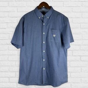 Chaps blue micro-check button-down shirt preppy style with short sleeves